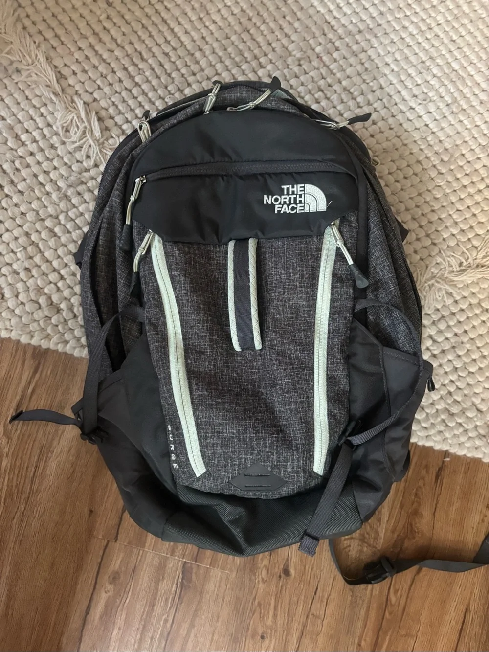 The North Face Black & Heather Gray Backpack with Mint Zippers